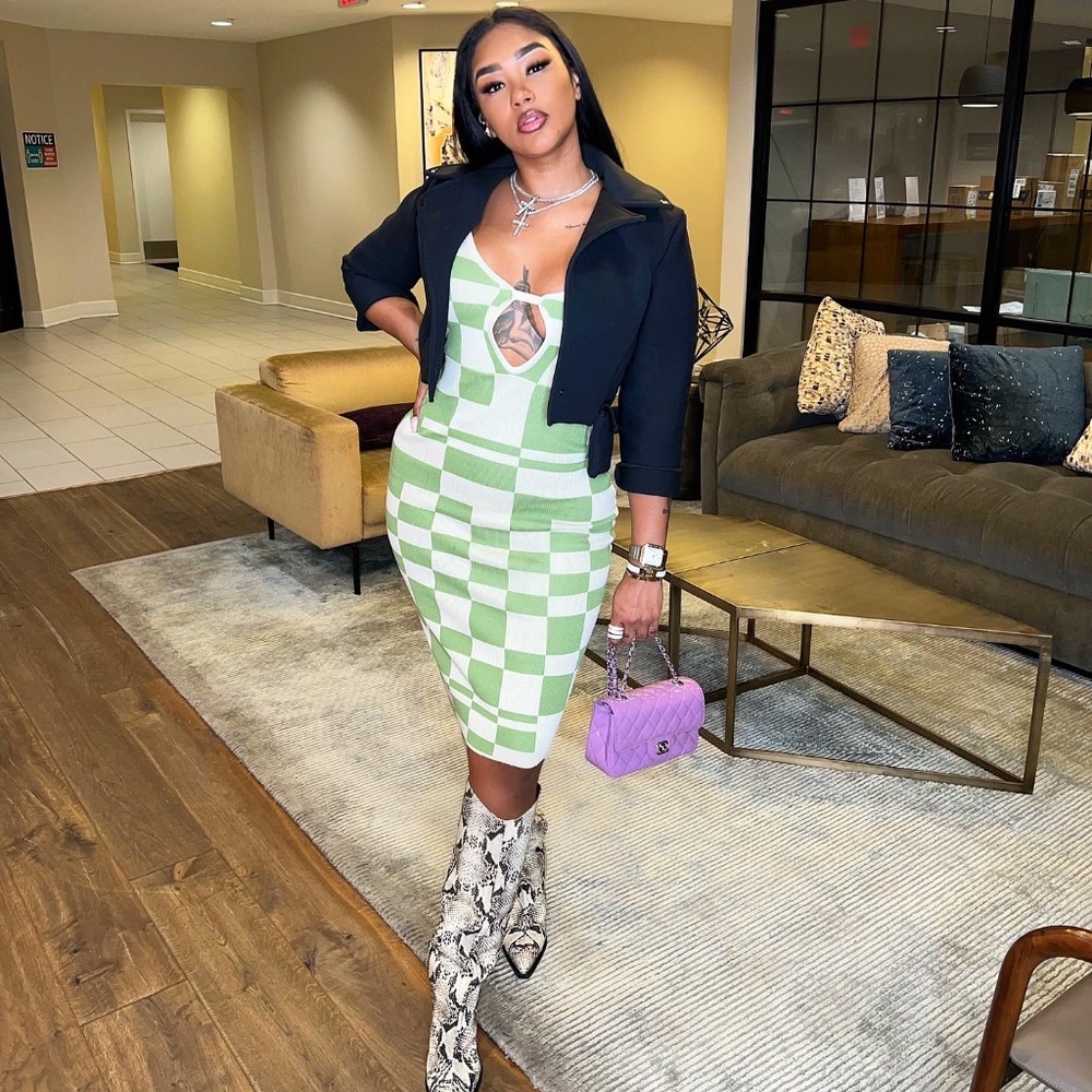 Green and beige dress